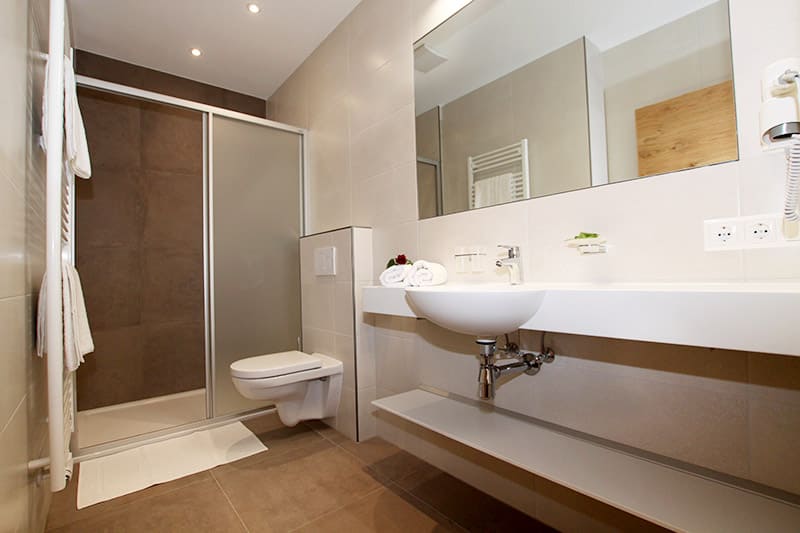 Badezimmer mit WC, Dusche und Waschbecken